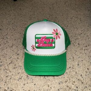 Green and White Trucker Hat with Pink Embroidery